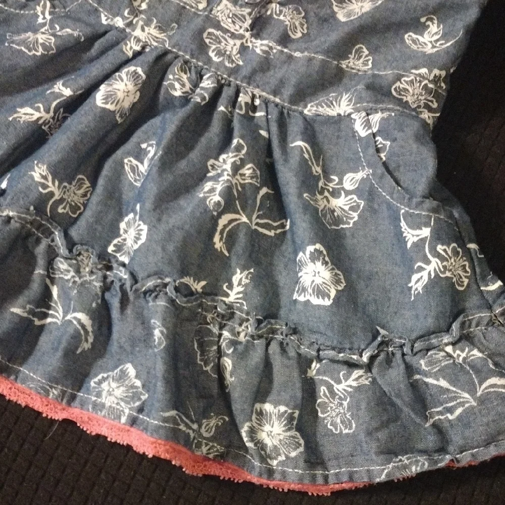 Denim Floral Sundress with Pink Lace Trim